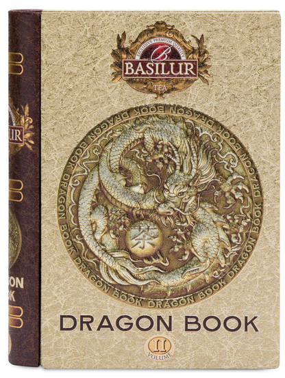 Herbata Basilur Dragon Tea Book vol. II w ozdobnej puszce w kształcie książki z motywem smoka.