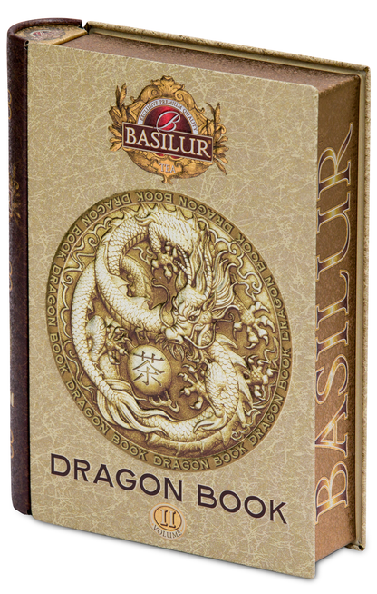 Okładka puszki Basilur Dragon Tea Book vol. II z reliefowym smokiem i złotymi detalami.