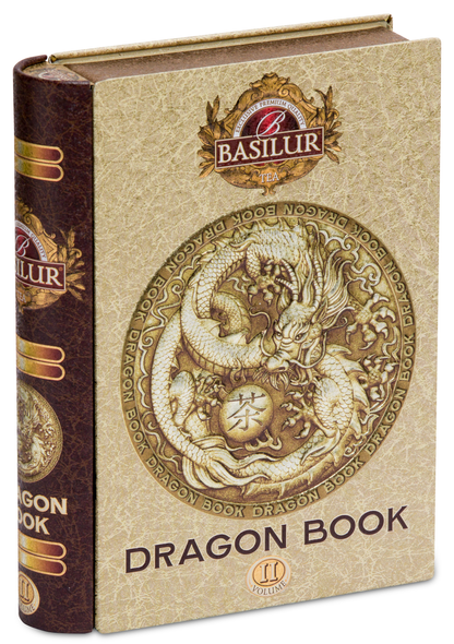 Bok eleganckiej puszki Basilur Dragon Tea Book vol. II z logo Basilur.