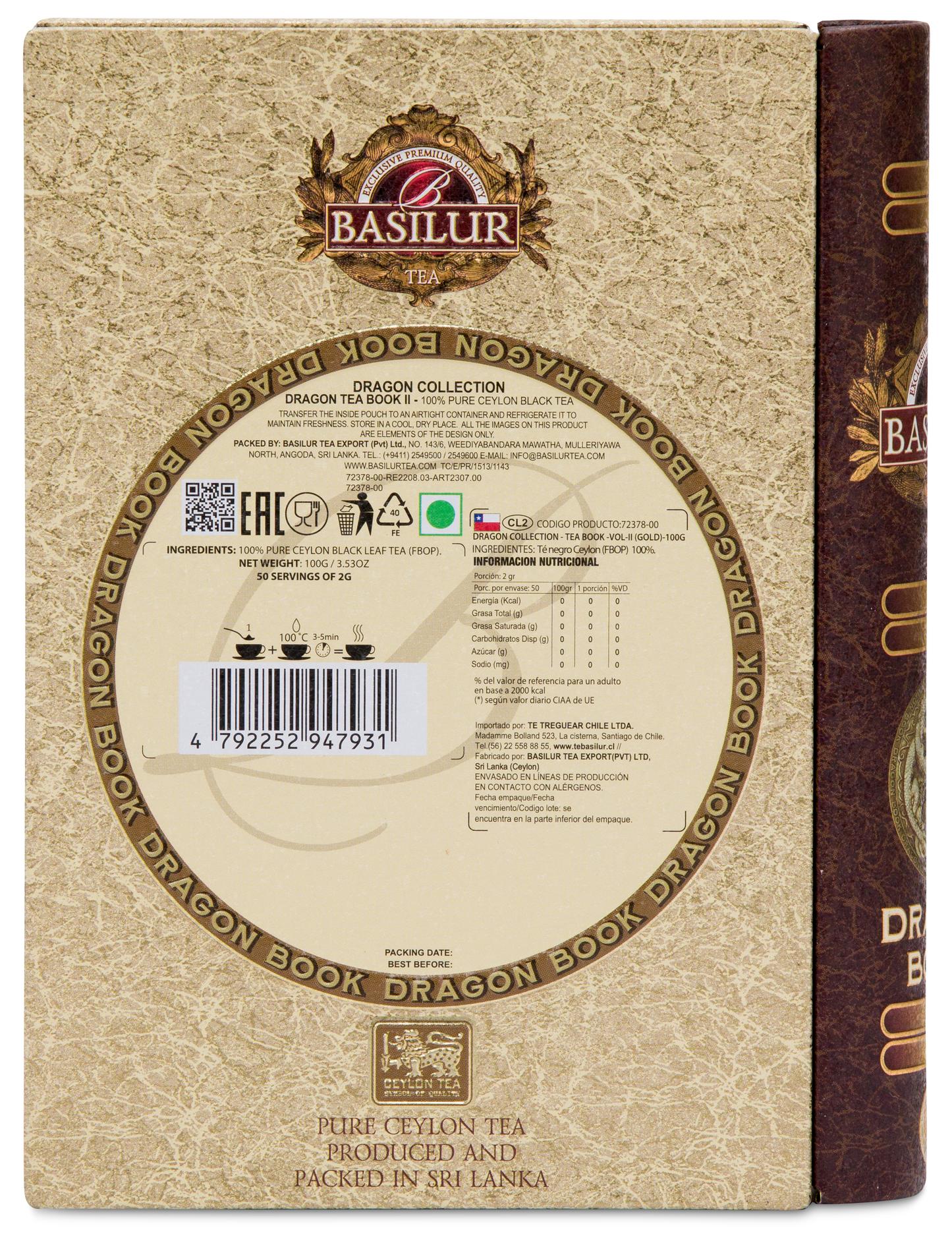 Tył puszki Basilur Dragon Tea Book vol. II z opisem i składem herbaty cejlońskiej.