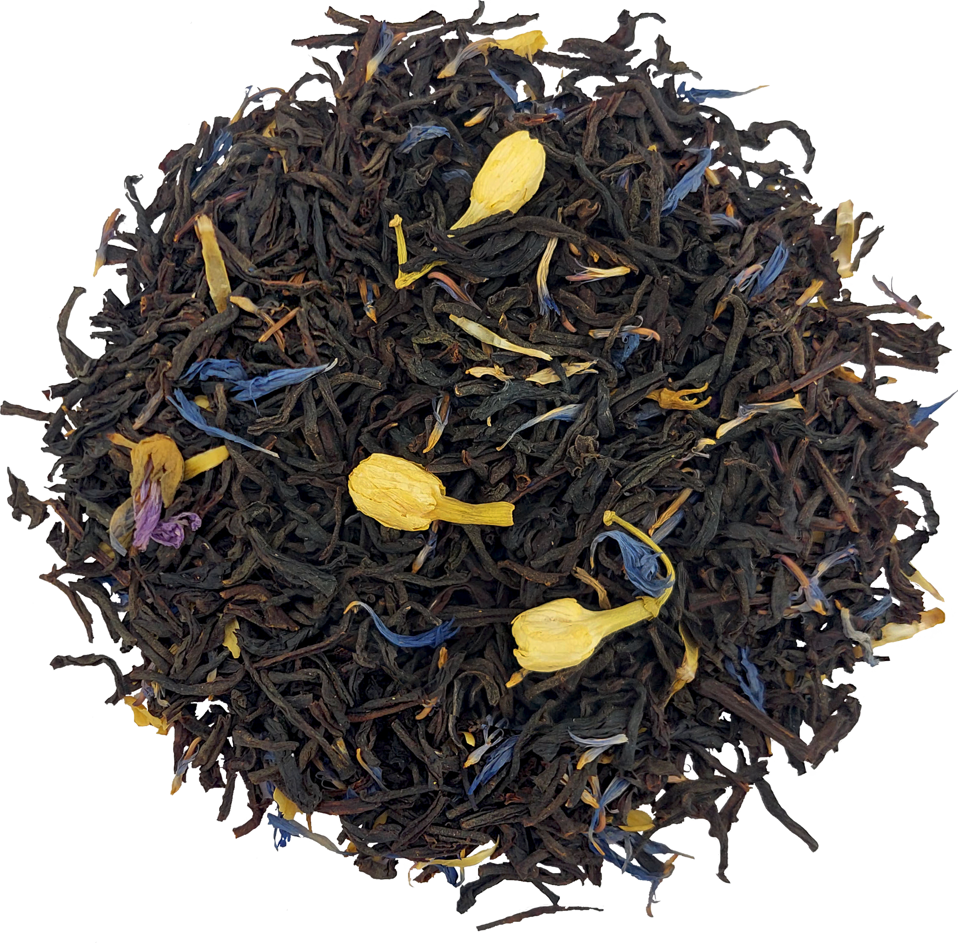 Liście czarnej herbaty cejlońskiej Basilur z płatkami kwiatów i aromatem migdała.