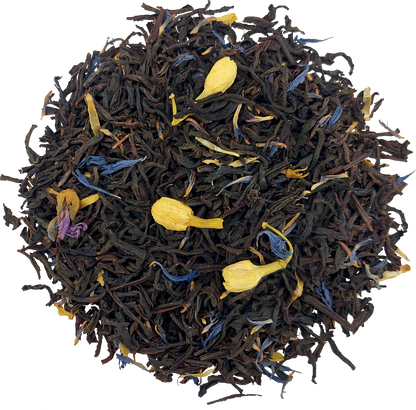 Liście czarnej herbaty cejlońskiej Basilur z płatkami kwiatów i aromatem migdała.