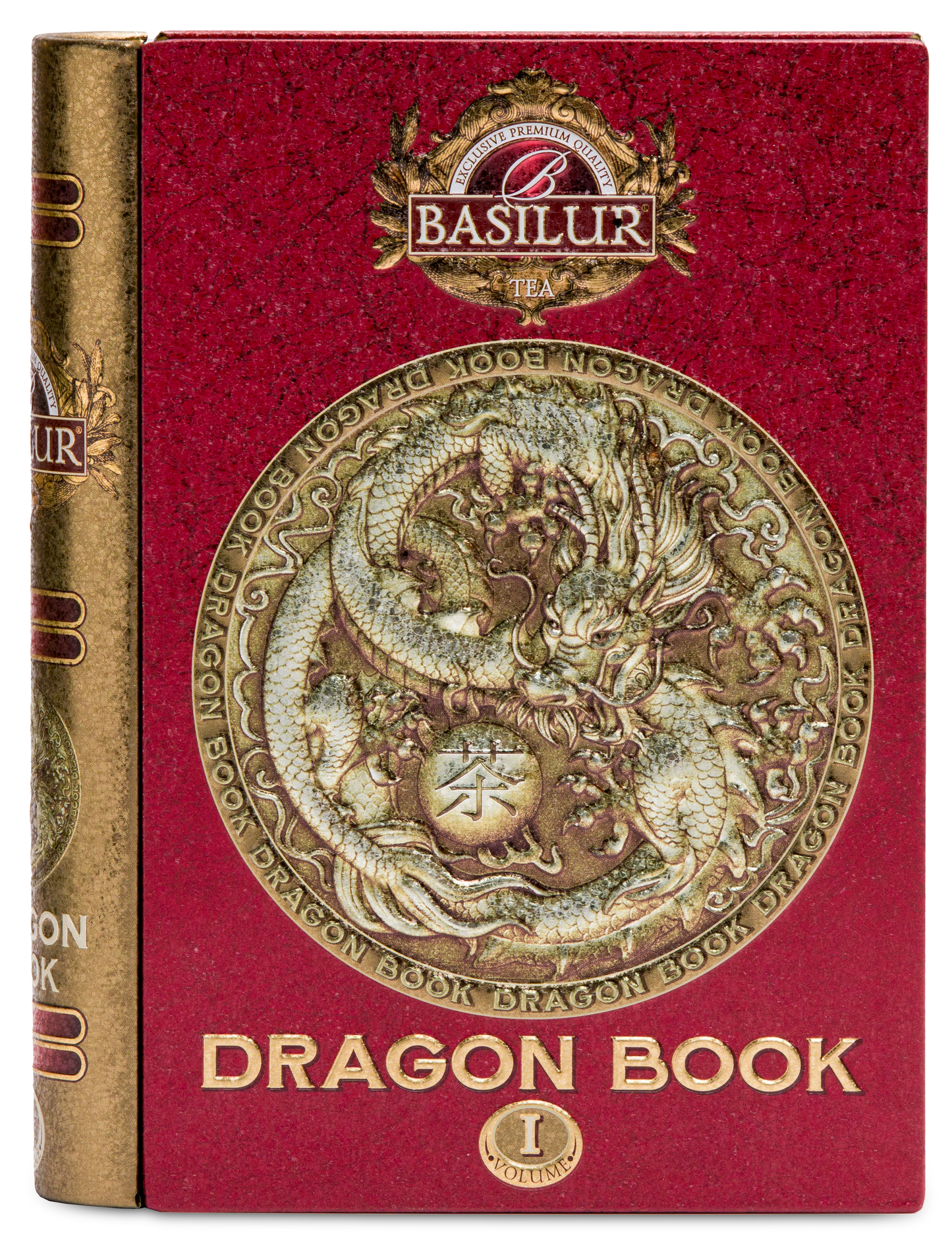 Okładka puszki Basilur Dragon Tea Book vol. I z wizerunkiem smoka i złotym tłoczeniem.