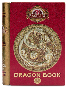 Okładka puszki Basilur Dragon Tea Book vol. I z wizerunkiem smoka i złotym tłoczeniem.