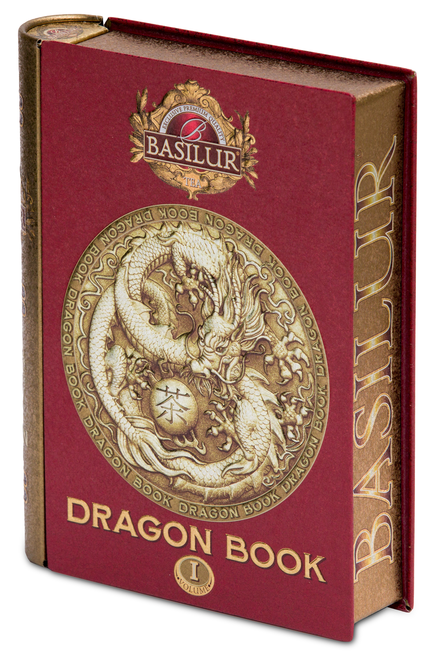 Bok eleganckiej puszki Basilur Dragon Tea Book vol. I z logo i złotymi zdobieniami.