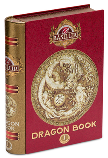 Herbata Basilur Dragon Tea Book vol. I w ozdobnej czerwonej puszce w kształcie książki z motywem smoka.