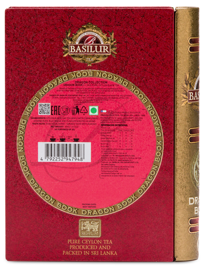 Tył puszki Basilur Dragon Tea Book vol. I z opisem i składem herbaty.