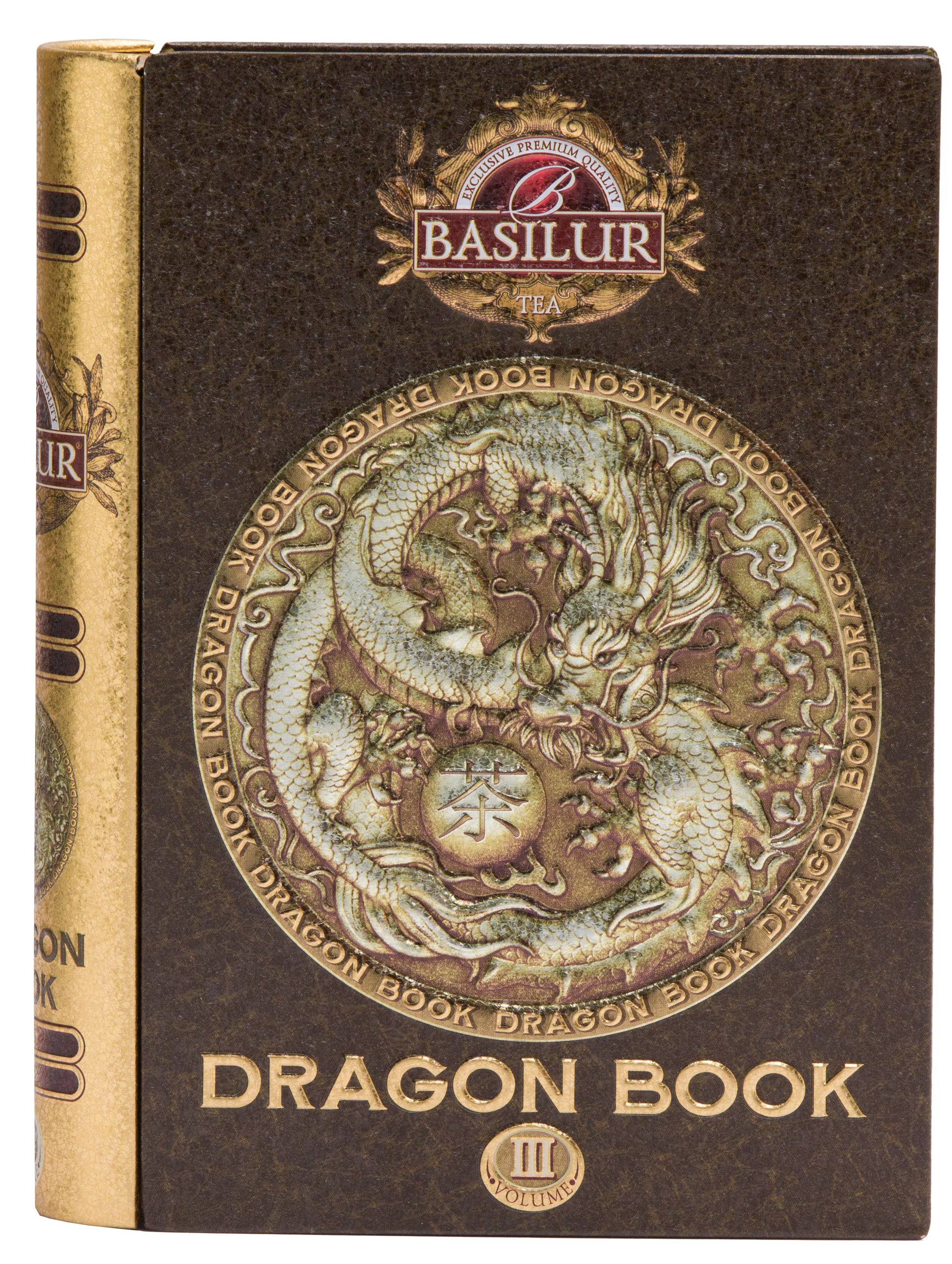 Opakowanie Basilur Dragon Book vol. III z motywem złotego smoka.