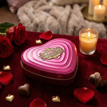 Różowe metalowe opakowanie herbaty Basilur w kształcie serca na aksamicie, w otoczeniu świecy, róż, płatków i czekoladek.