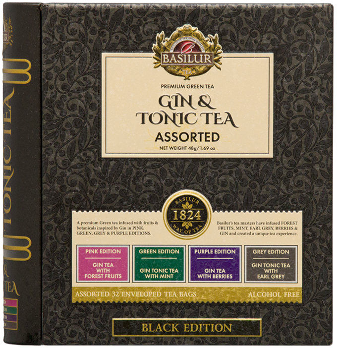 Front zestawu Basilur Gin & Tonic Tea z opisem czterech edycji smakowych.