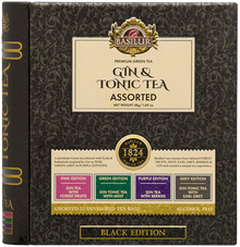 Front zestawu Basilur Gin & Tonic Tea z opisem czterech edycji smakowych.