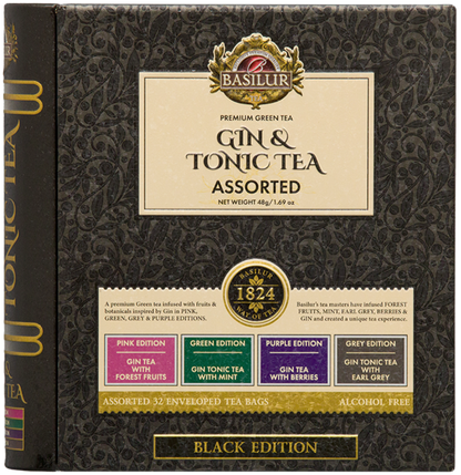 Front zestawu Basilur Gin & Tonic Tea z opisem czterech edycji smakowych.