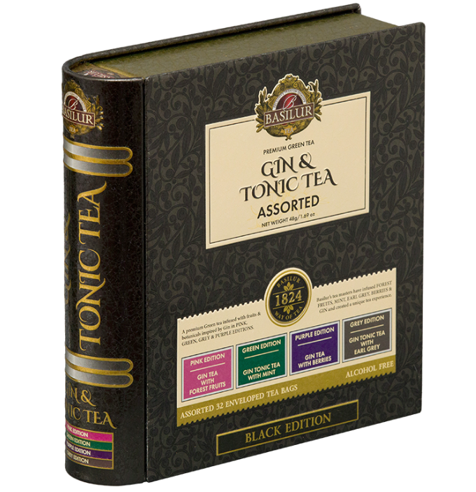 Opakowanie Basilur Gin & Tonic Tea w formie książki z serii Black Edition.
