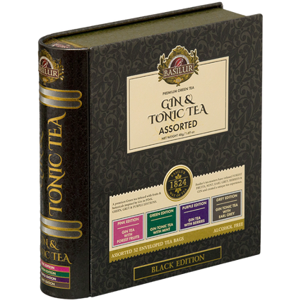 Opakowanie Basilur Gin & Tonic Tea w formie książki z serii Black Edition.