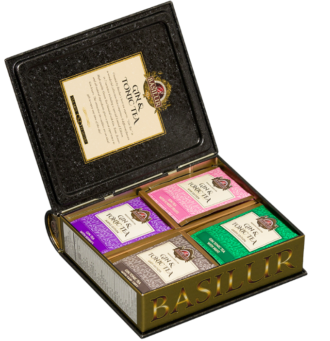 Zestaw Basilur Gin & Tonic Tea otwarty, prezentujący cztery różne smaki.