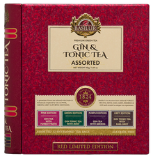 Przód opakowania Basilur Gin & Tonic Tea z opisem smaków i logo marki.