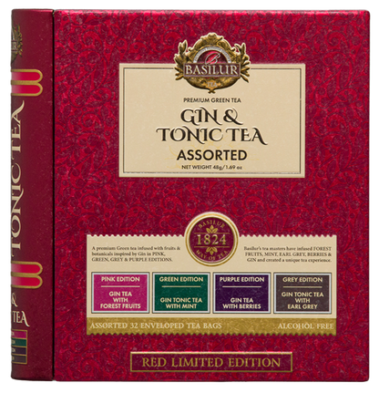 Przód opakowania Basilur Gin & Tonic Tea z opisem smaków i logo marki.