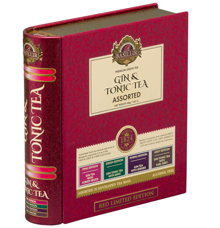 Zestaw herbat Basilur Gin & Tonic Tea w czerwonym opakowaniu w formie książki.