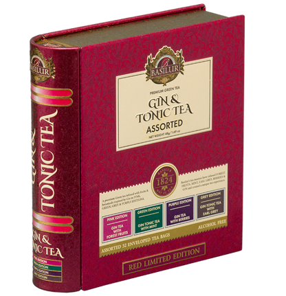 Zestaw herbat Basilur Gin & Tonic Tea w czerwonym opakowaniu w formie książki.