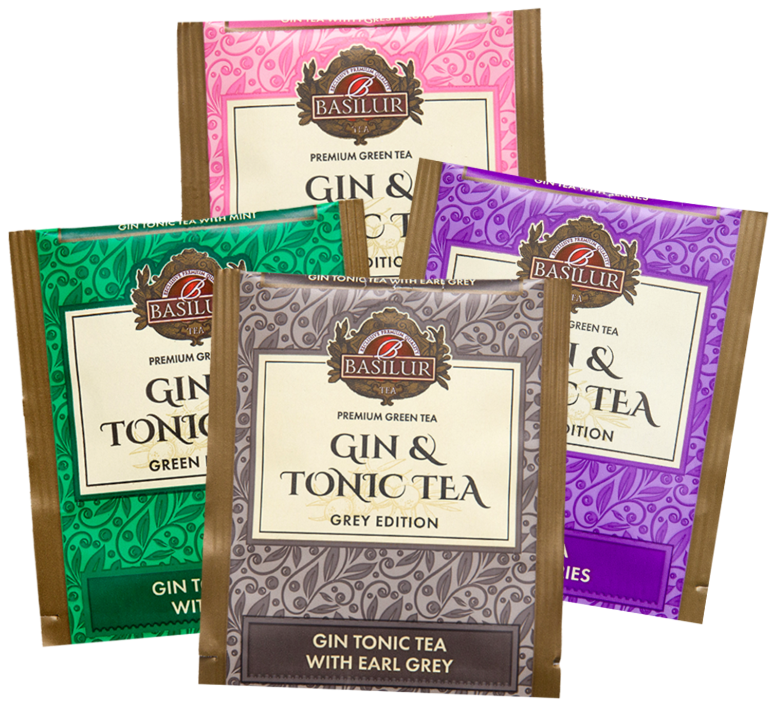 Koperty herbat Basilur Gin & Tonic w czterech smakach – Pink, Green, Purple i Grey Edition.
