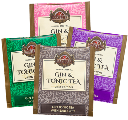 Koperty herbat Basilur Gin & Tonic w czterech smakach – Pink, Green, Purple i Grey Edition.