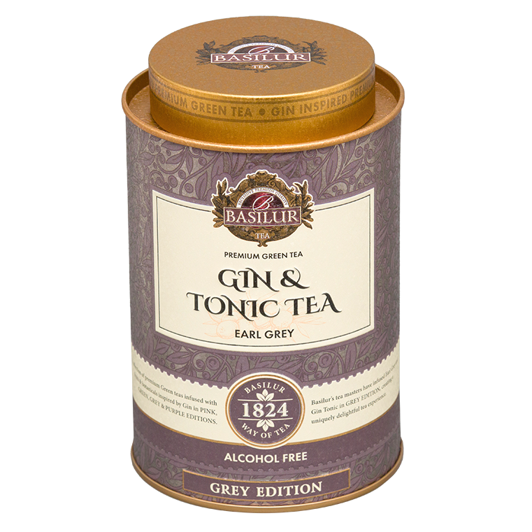 Elegancka puszka Basilur Gin & Tonic Earl Grey – herbata z nutą bergamotki, bezalkoholowa kolekcja Grey Edition.