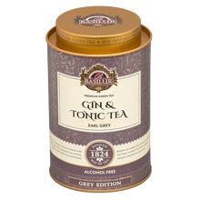 Elegancka puszka Basilur Gin & Tonic Earl Grey – herbata z nutą bergamotki, bezalkoholowa kolekcja Grey Edition.