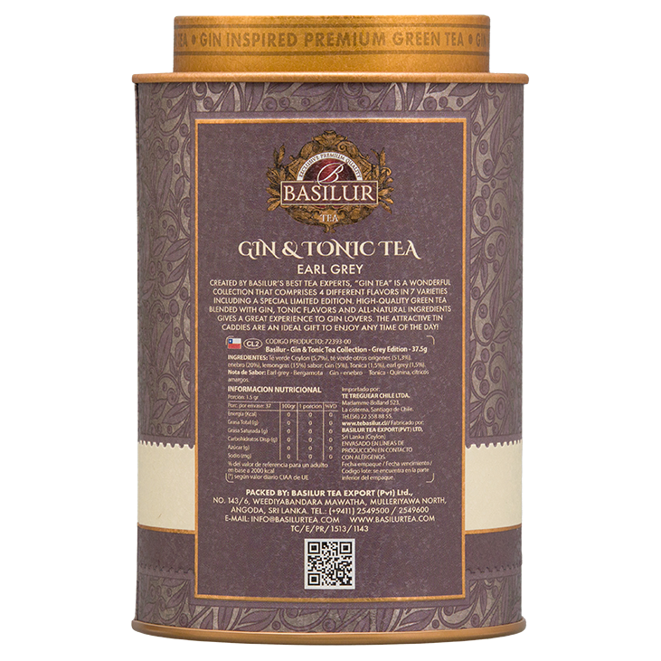 Tył opakowania Basilur Gin & Tonic Earl Grey – skład i informacje o zielonej herbacie premium.