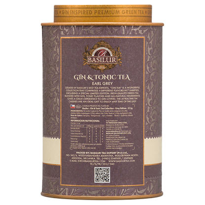 Tył opakowania Basilur Gin & Tonic Earl Grey – skład i informacje o zielonej herbacie premium.