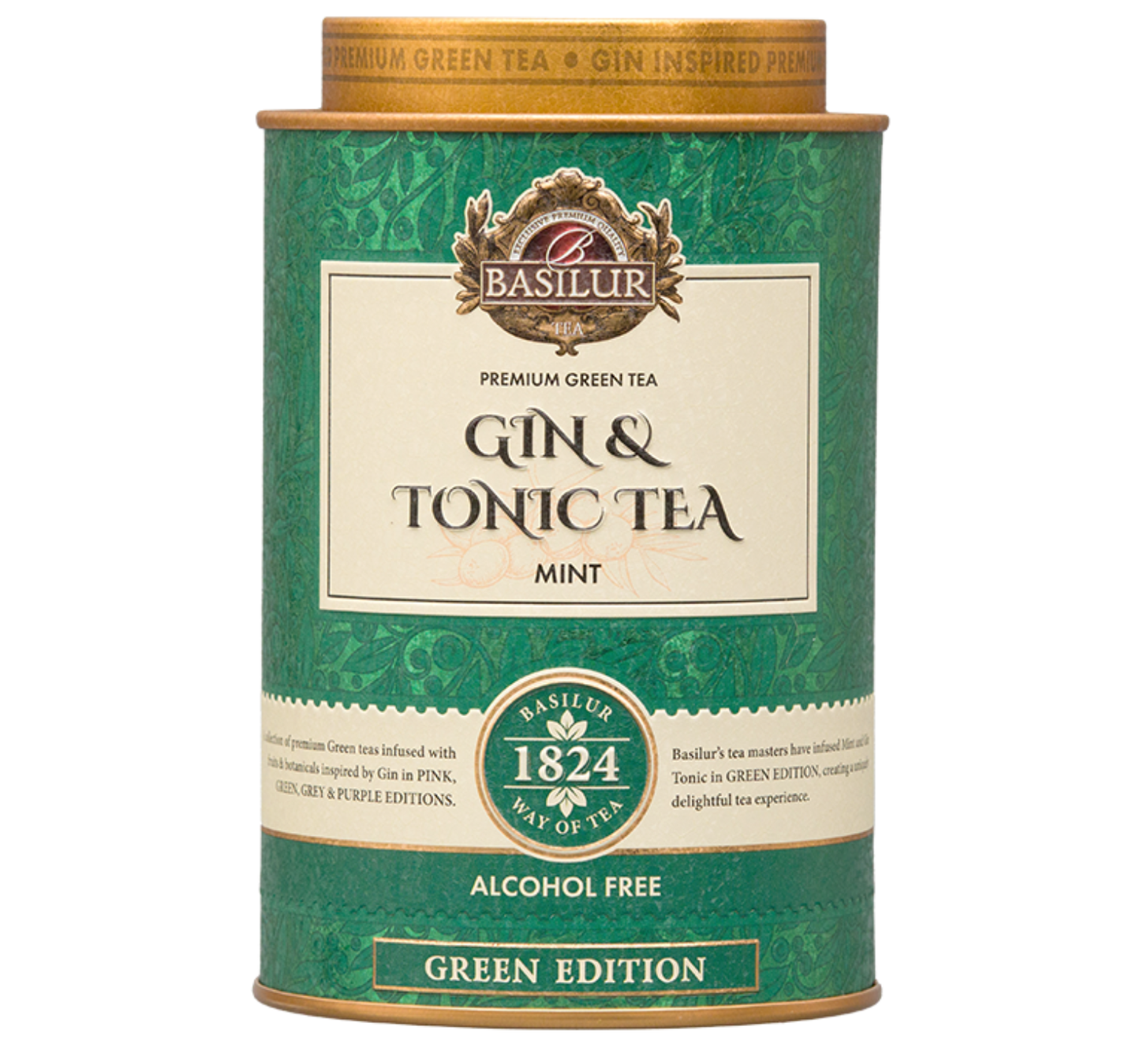 Puszka herbaty Basilur Gin & Tonic Mint 75 g – zielona herbata z miętą inspirowana klasycznym drinkiem.
