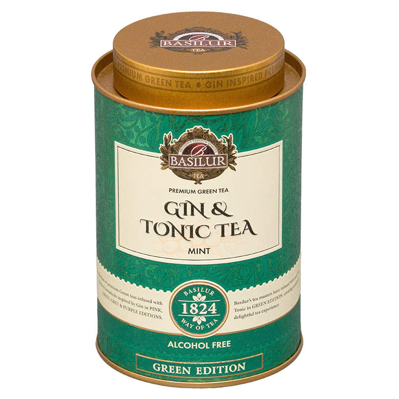 Zielona puszka Basilur Gin & Tonic Mint – edycja Green Edition, herbata o orzeźwiającym miętowym smaku.