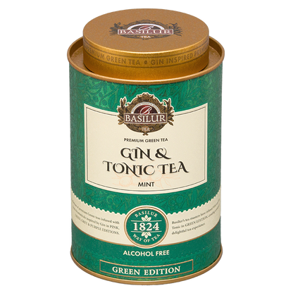 Zielona puszka Basilur Gin & Tonic Mint – edycja Green Edition, herbata o orzeźwiającym miętowym smaku.