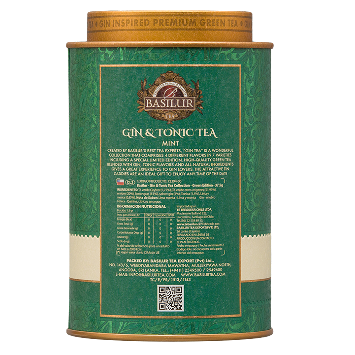 Tył opakowania Basilur Gin & Tonic Mint – skład i informacje o zielonej herbacie premium bez alkoholu.