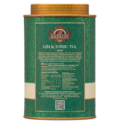 Tył opakowania Basilur Gin & Tonic Mint – skład i informacje o zielonej herbacie premium bez alkoholu.