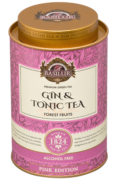 Opakowanie Basilur Gin & Tonic Tea Forest Fruits widoczne z góry z eleganckim złotym wieczkiem.