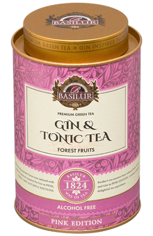 Opakowanie Basilur Gin & Tonic Tea Forest Fruits widoczne z góry z eleganckim złotym wieczkiem.