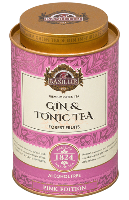 Opakowanie Basilur Gin & Tonic Tea Forest Fruits widoczne z góry z eleganckim złotym wieczkiem.