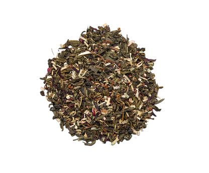 Liście herbaty Basilur Forest Fruits Gin & Tonic z owocami leśnymi i zieloną herbatą.