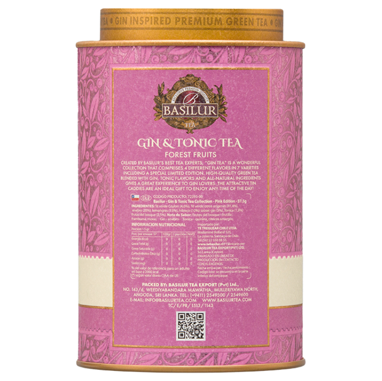 Tylna strona różowej puszki Basilur Gin & Tonic Tea Forest Fruits z opisem produktu i kodem QR.