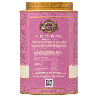 Tylna strona różowej puszki Basilur Gin & Tonic Tea Forest Fruits z opisem produktu i kodem QR.