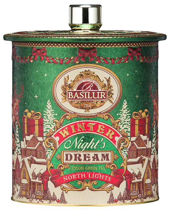 Zielona herbata Basilur North Lights w eleganckiej okrągłej puszce z dekoracją bożonarodzeniową.