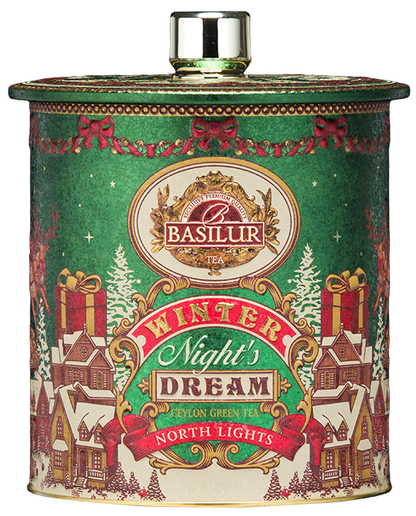 Zielona herbata Basilur North Lights w eleganckiej okrągłej puszce z dekoracją bożonarodzeniową.