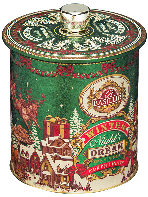 Puszka herbaty Basilur North Lights w świątecznym opakowaniu z motywem zimowej wioski.