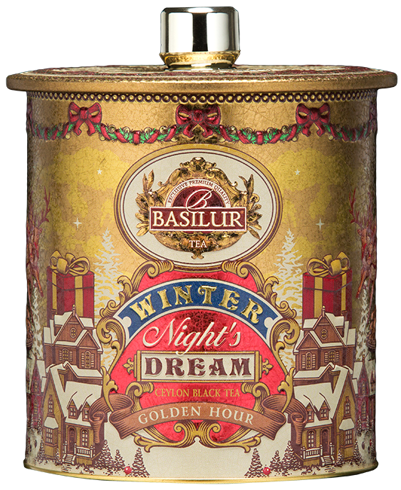 Zimowa herbata Basilur Golden Hour w ozdobnej puszce – elegancki prezent na chłodne wieczory.