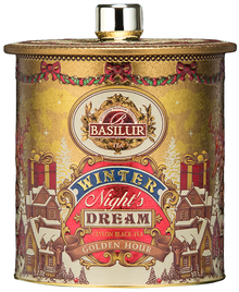 Zimowa herbata Basilur Golden Hour w ozdobnej puszce – elegancki prezent na chłodne wieczory.
