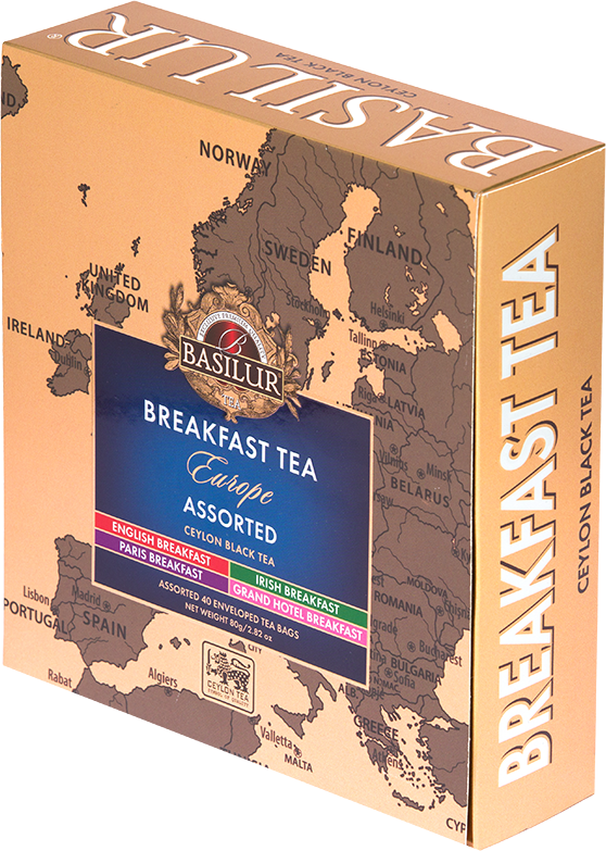 Opakowanie zestawu herbat Basilur Breakfast Tea Europe z mapą Europy w tle.