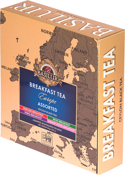 Opakowanie zestawu herbat Basilur Breakfast Tea Europe z mapą Europy w tle.