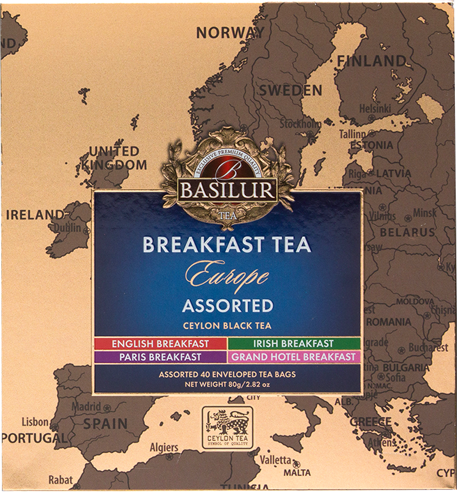 Zbliżenie na front opakowania Basilur Breakfast Tea Europe z nazwami herbat.
