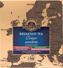 Zbliżenie na front opakowania Basilur Breakfast Tea Europe z nazwami herbat.
