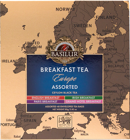 Zbliżenie na front opakowania Basilur Breakfast Tea Europe z nazwami herbat.